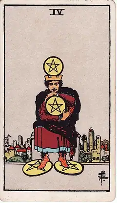 Four of Pentacles tarot card, Rider–Waite–Smith deck