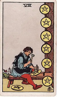 Eight of Pentacles tarot card, Rider–Waite–Smith deck