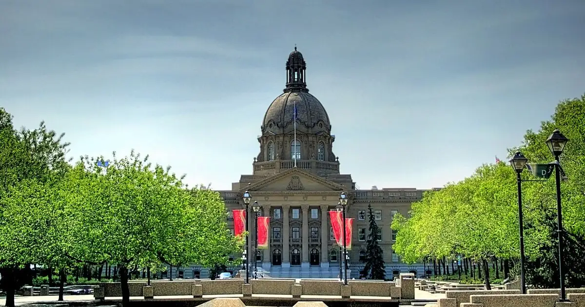 Alberta Legislature Building in Edmonton under a blue sky