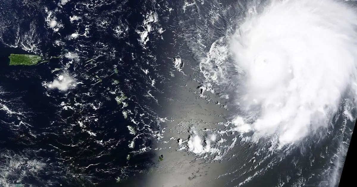 Satellite view of a hurricane swirling over the Atlantic Ocean