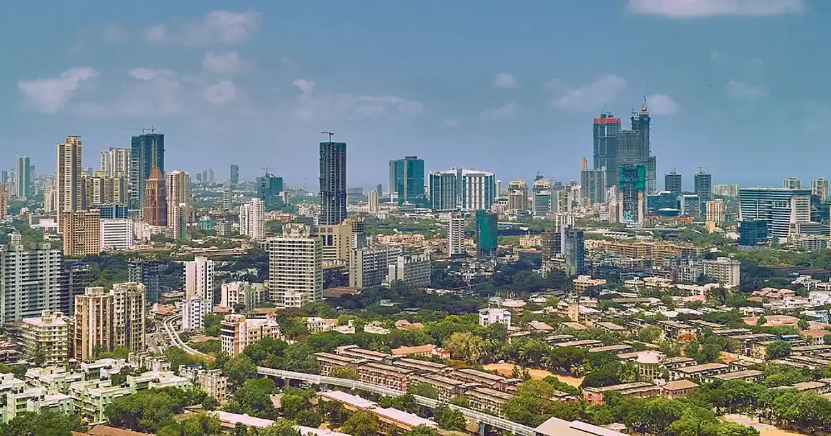 Wide view of the Mumbai city skyline by the sea