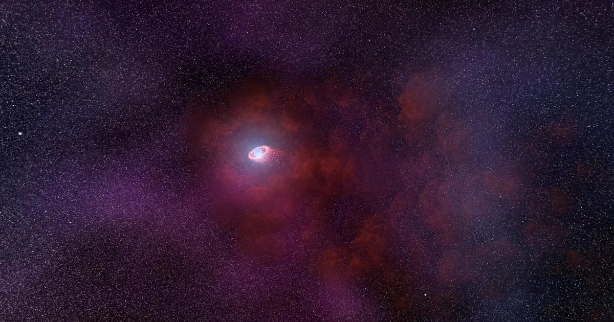 Artist's impression of a glowing neutron star giving off a wind of particles in space