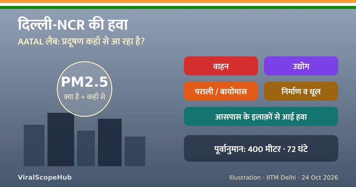 चित्र: दिल्ली-NCR की हवा के प्रदूषण स्रोत - वाहन, उद्योग, पराली व बायोमास, निर्माण व सड़क की धूल और बाहर से आने वाला प्रदूषण - साथ में 400 मीटर, 72 घंटे का पूर्वानुमान