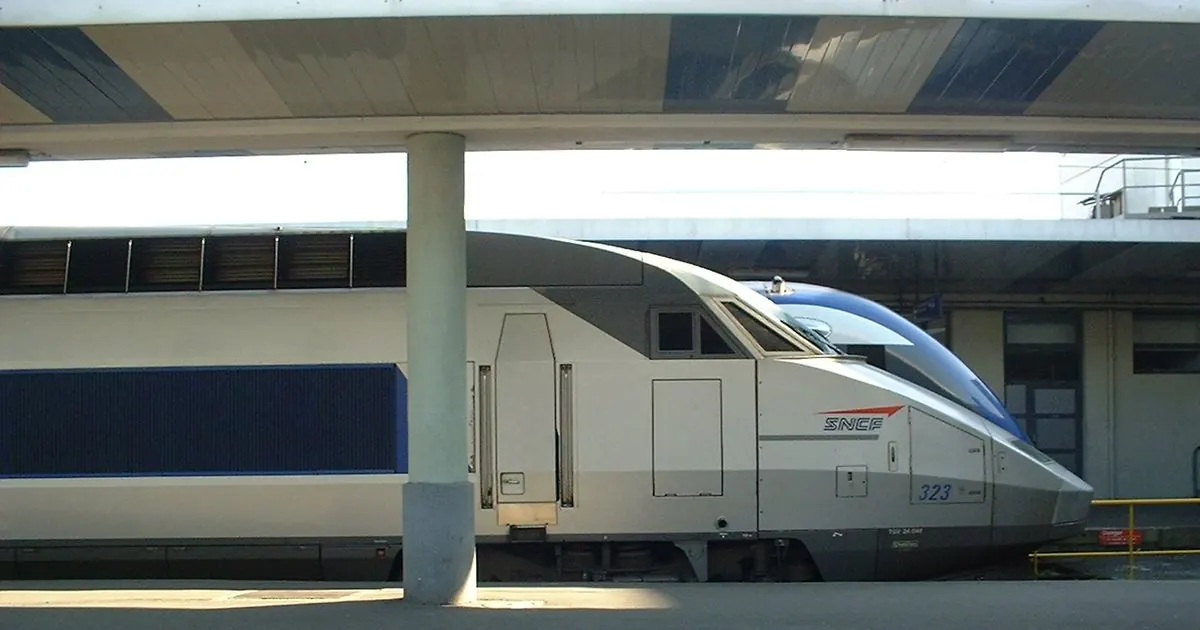 A French TGV high-speed train standing at a platform in Brest railway station