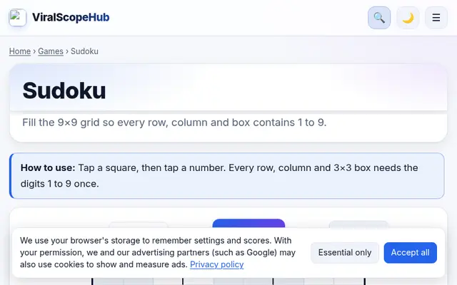 Sudoku puzzle game screenshot
