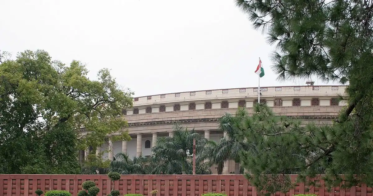 The circular Parliament House building in New Delhi