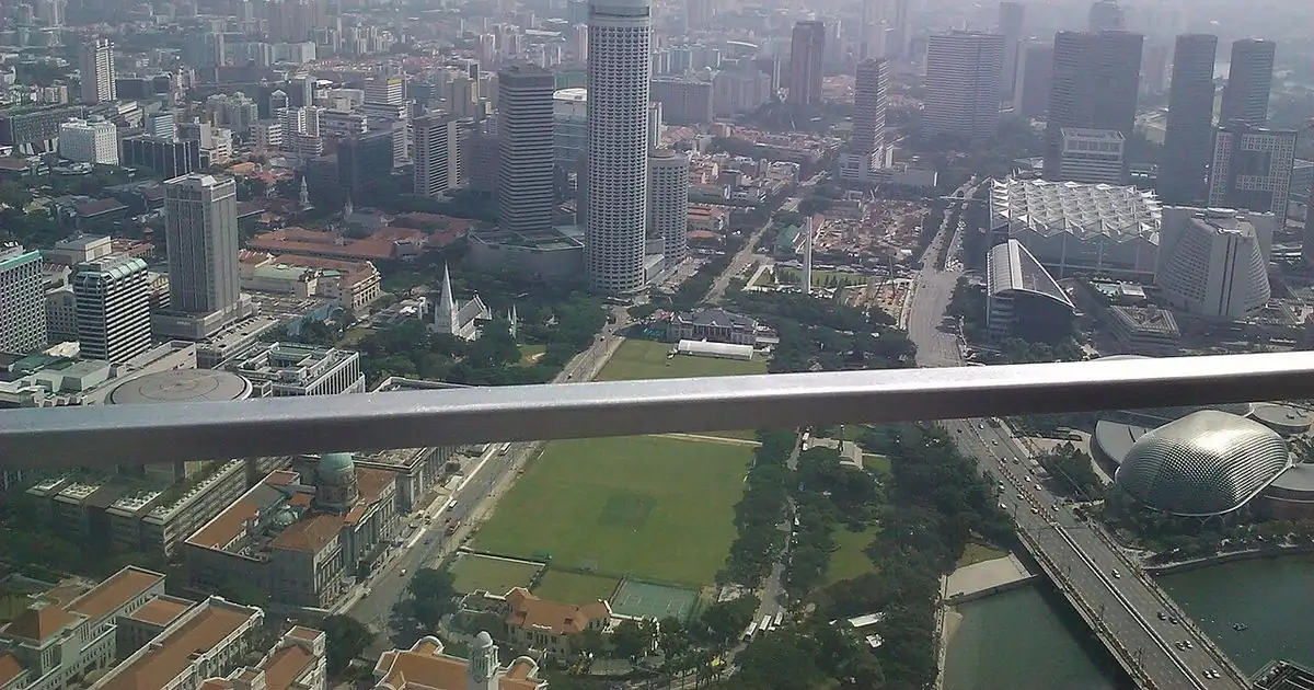 Hazy view over Singapore’s Civic District, the Padang and the Esplanade