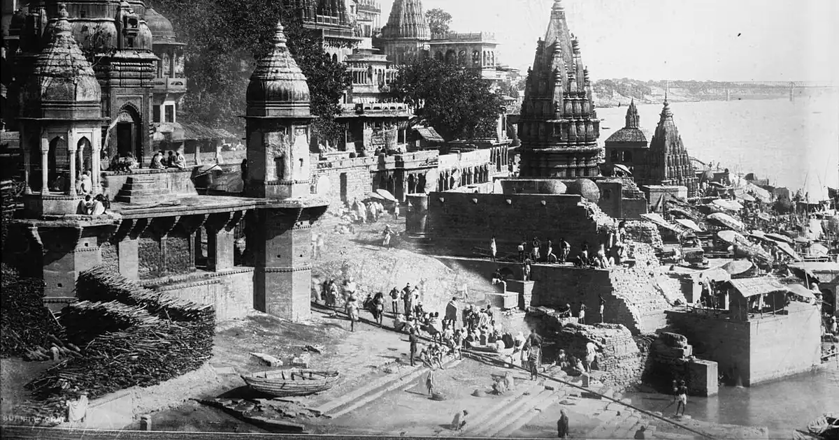 Historic 1922 photo of the ghats and temples along the Ganges river at Varanasi