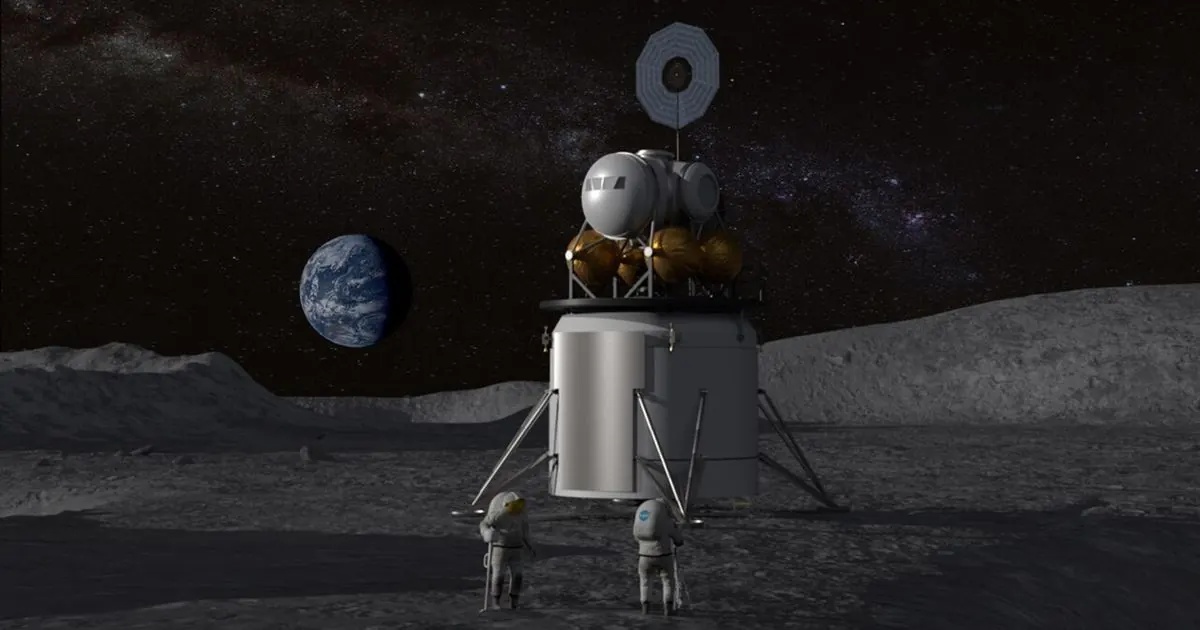 NASA concept art of a crewed lunar lander standing on the Moon with two astronauts beside it and Earth in the black sky