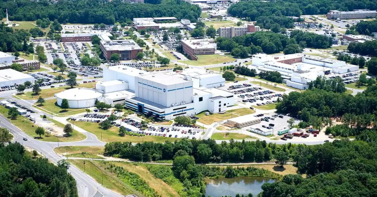 Aerial view of the buildings and trees of NASA's Goddard Space Flight Center campus