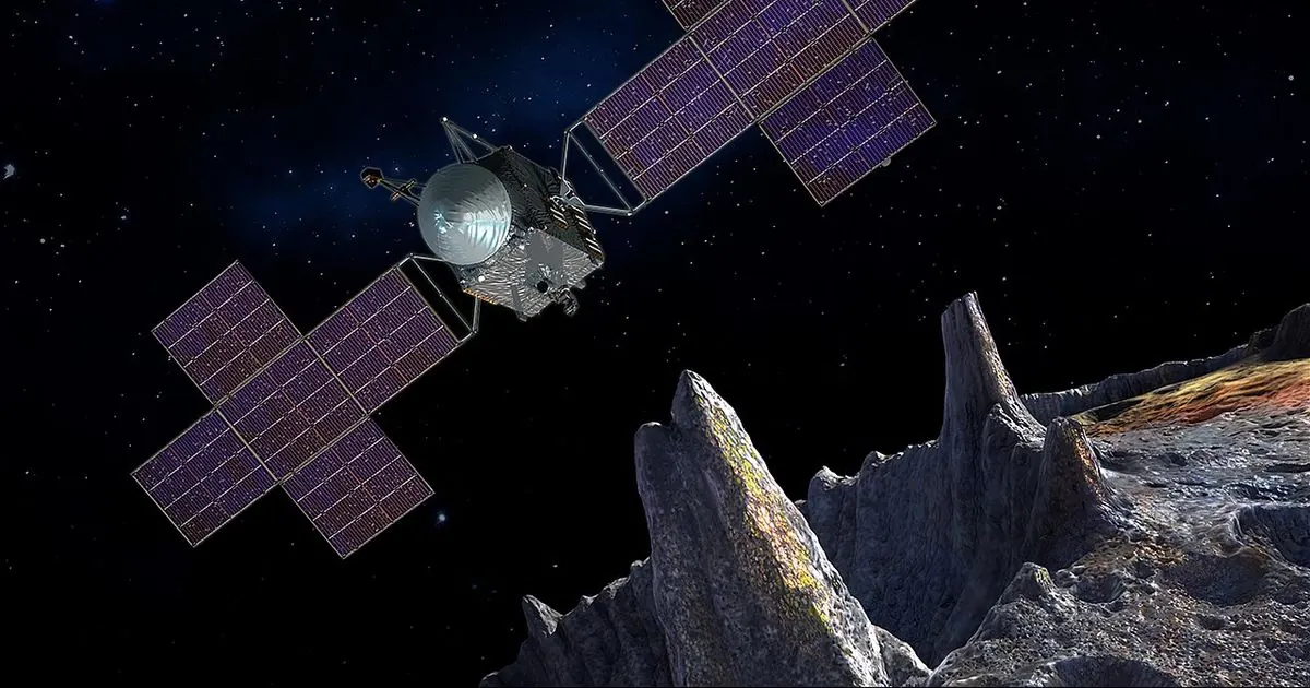 Artist's concept of NASA's Psyche spacecraft with its large cross-shaped solar arrays