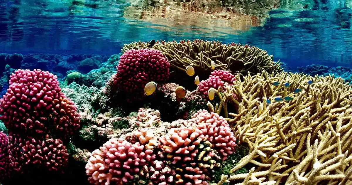 A colourful underwater coral reef landscape with many types of coral