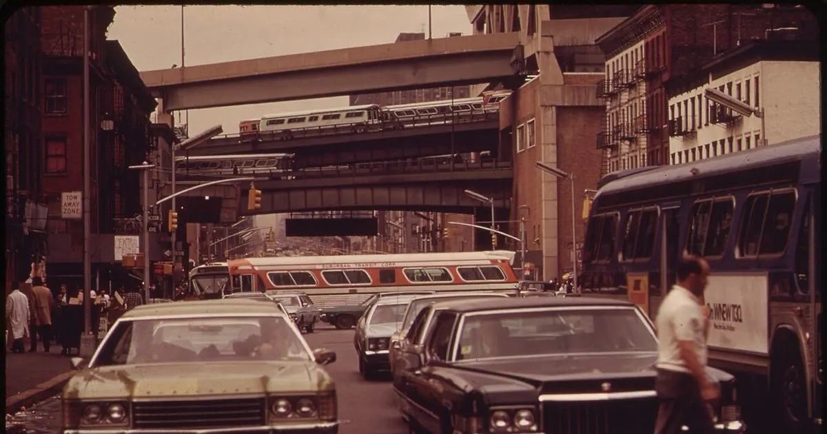 Archive photo of buses and traffic beneath the Port Authority Bus Terminal ramps in Manhattan