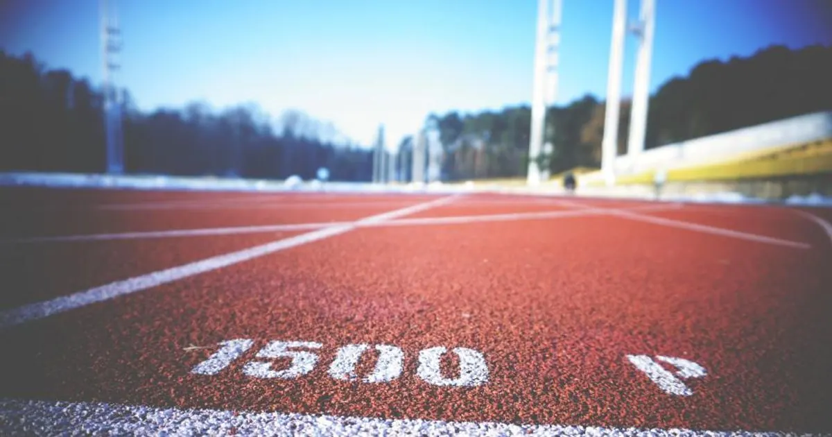 Red athletics running track with white lane markings