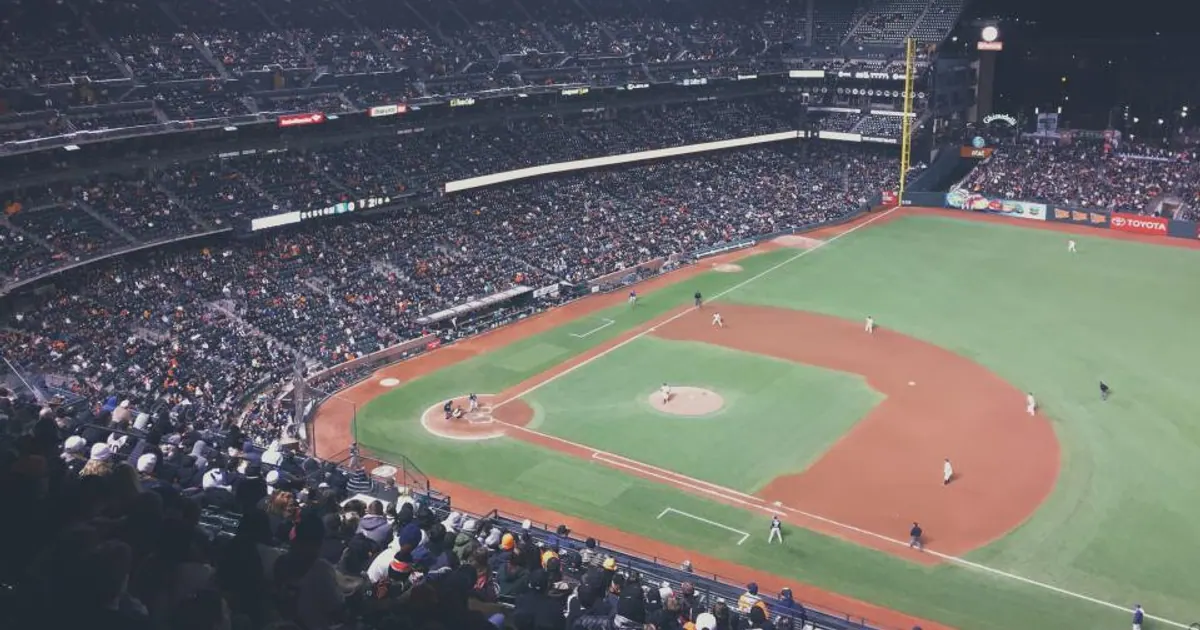 Baseball stadium seen from the stands during a game