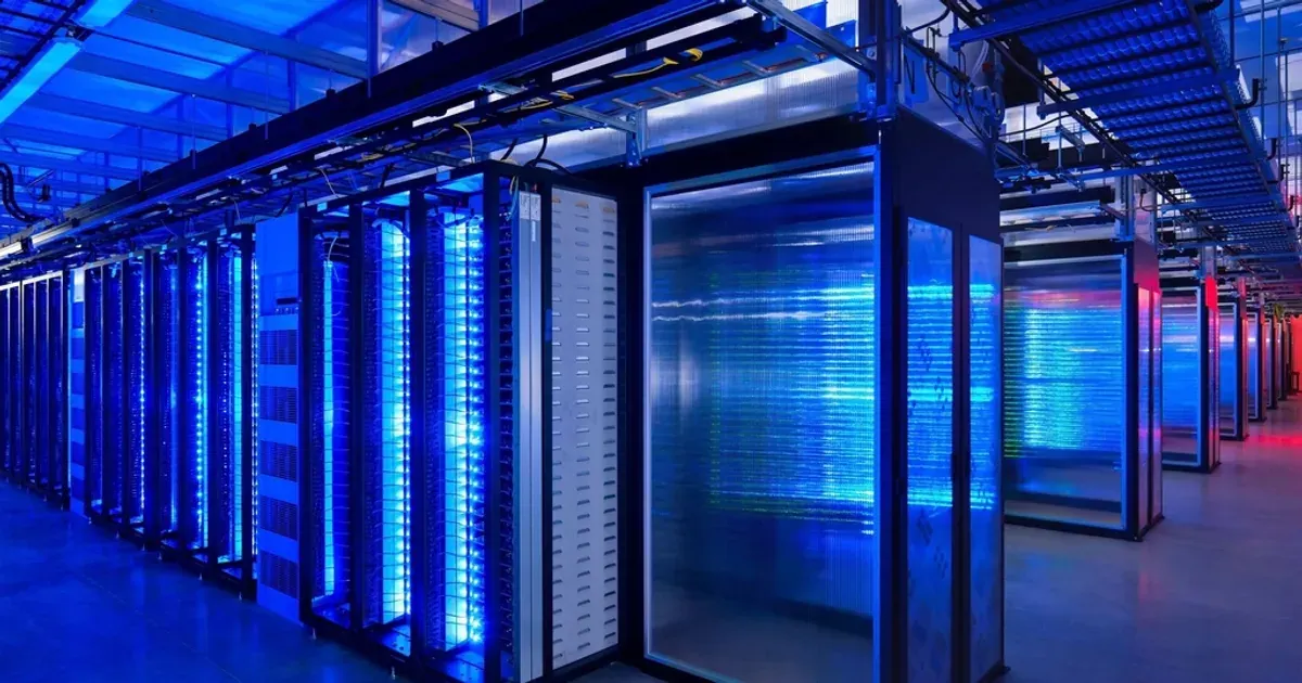 Rows of computer servers with blinking lights inside a data centre (file photo)