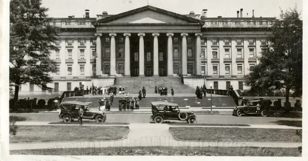 Historic photo of the columned United States Treasury Building in Washington