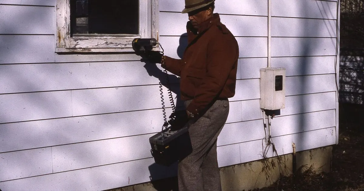 A worker holds a portable lead paint detector against the wall of a wooden house (archive photo)