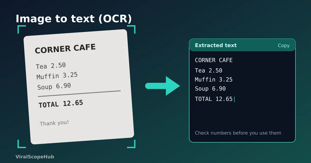 Illustration: a photographed cafe receipt on the left turned into editable typed text in a text box on the right