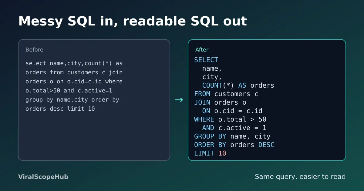 Illustration: a messy one-line SQL query on the left and the same query neatly formatted with uppercase keywords and indented conditions on the right