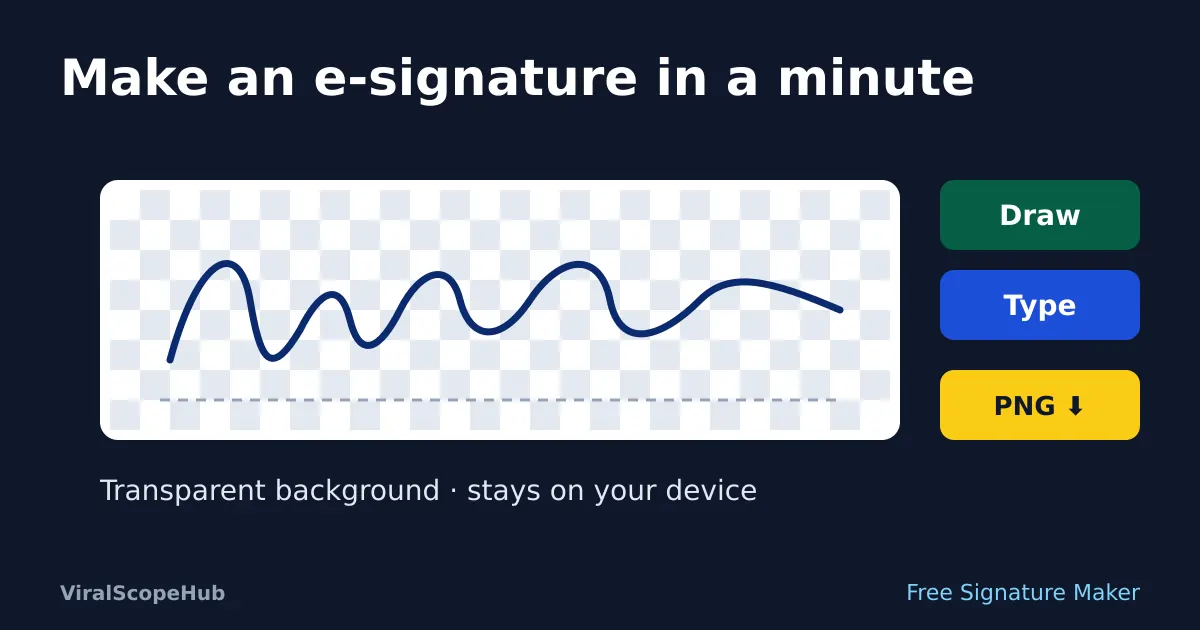 Illustration: a handwritten-style signature drawn on a signature pad, shown on a checkerboard to mean a transparent background, with Draw and Type options and a PNG download button