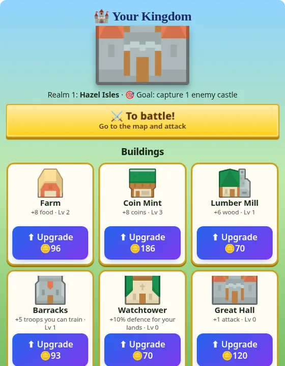 Isleborn Kingdoms home base panel with building levels and gold, wood and stone costs