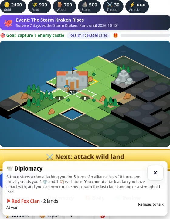 Isleborn Kingdoms diplomacy panel with truce and alliance offers for a rival clan
