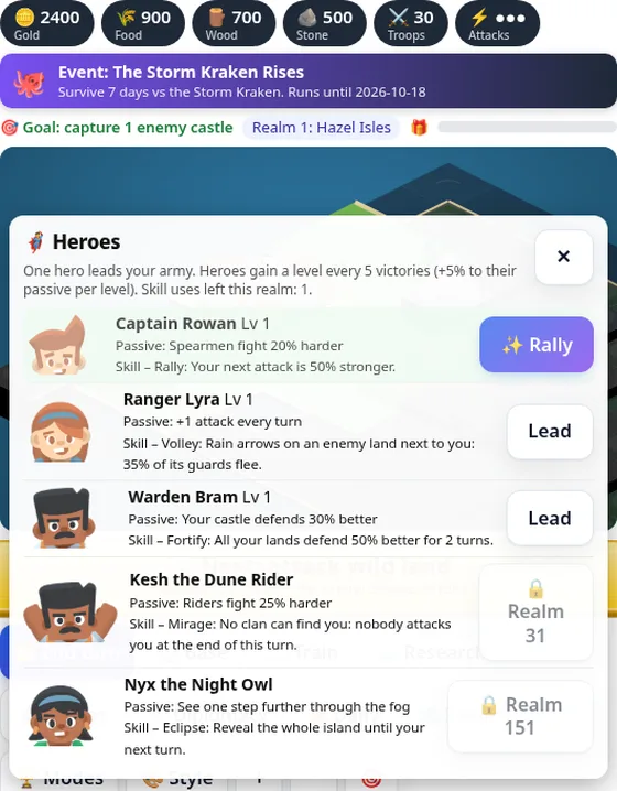 Isleborn Kingdoms hero panel listing Captain Rowan, Ranger Lyra and Warden Bram
