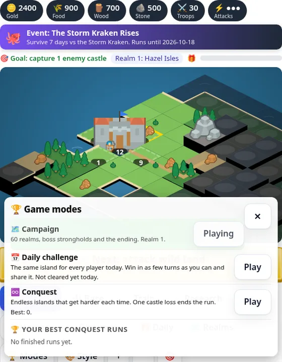 Isleborn Kingdoms game modes panel with Campaign, Daily challenge and Conquest