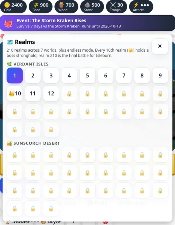 Isleborn Kingdoms realm map with crowned boss realms every tenth level