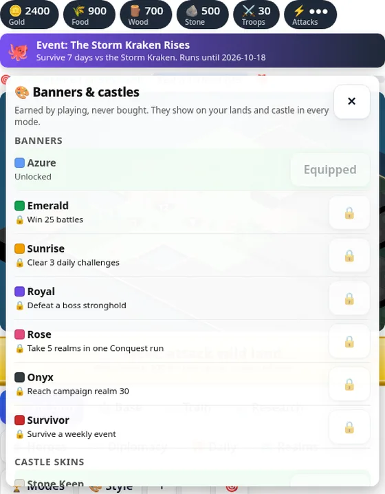 Isleborn Kingdoms banner and castle skin unlocks with their requirements