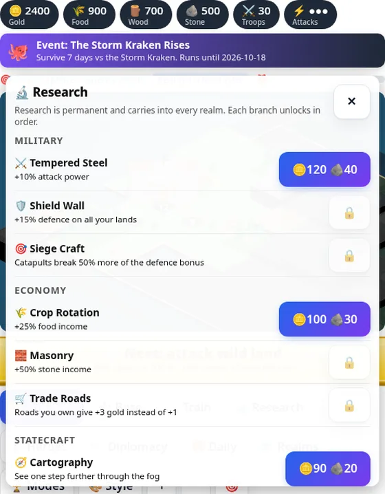 Isleborn Kingdoms research panel showing Military and Economy techs