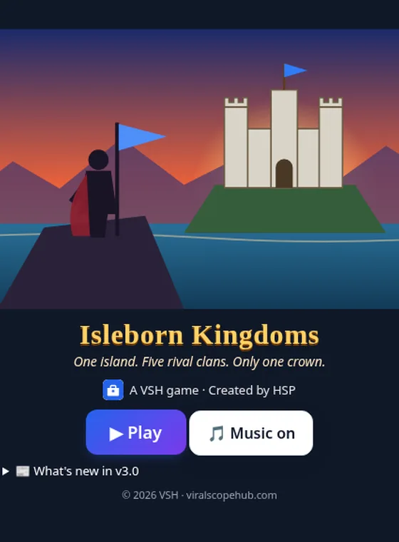 Isleborn Kingdoms title screen with a hero holding a banner before a castle at sunrise