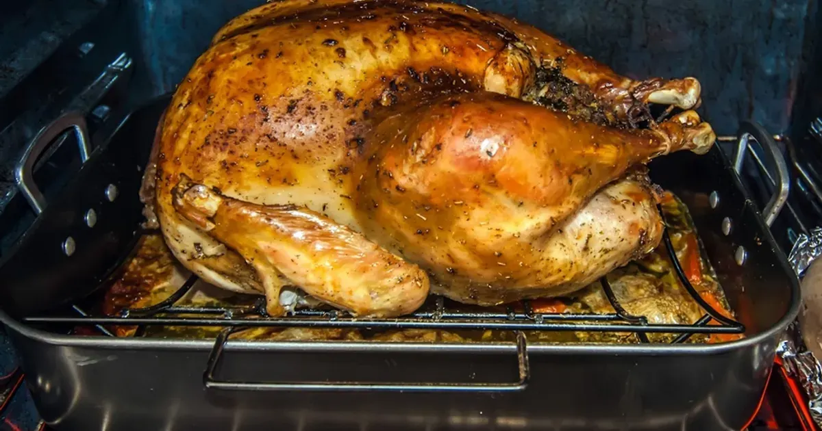 A whole roast turkey on a rack in a roasting pan