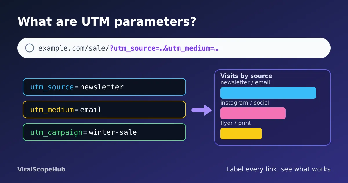 Illustration: a web address with UTM tags for source, medium and campaign, next to a bar chart of visits by source