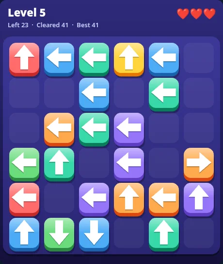 Arrow Escape gameplay: a board of glossy coloured arrow tiles on a purple background at level 5