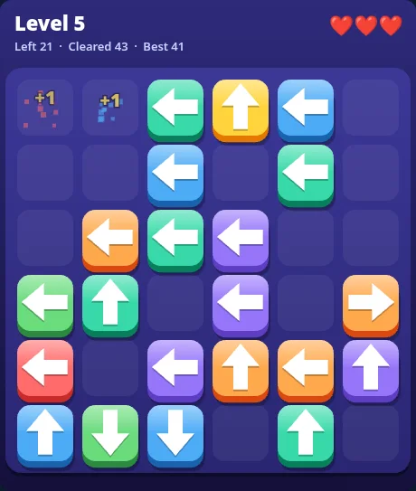 Arrow Escape gameplay: an arrow tile sliding off the edge of the board with sparkles