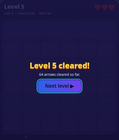 Arrow Escape gameplay: the level cleared panel with a Next level button