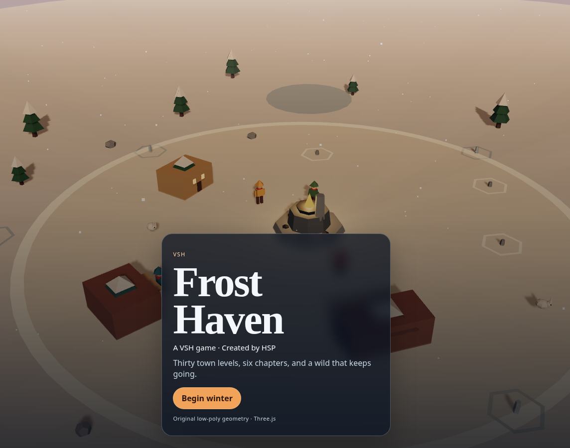 Frost Haven title screen in a snow valley under green aurora
