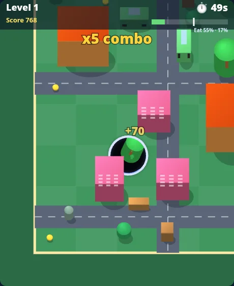 Hungry Hole gameplay: objects spinning into the hole with a combo counter