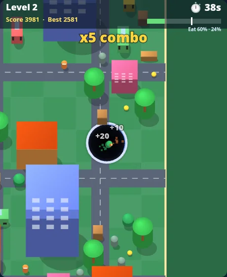 Hungry Hole gameplay: a bigger hole next to houses and trees later in a level