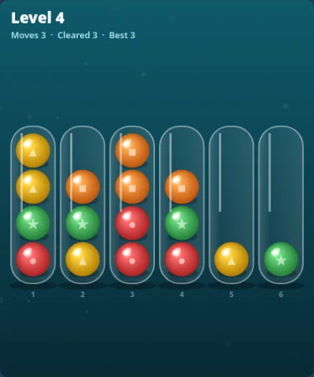 Marble Sort gameplay: seven glass tubes holding glossy coloured marbles on a teal background