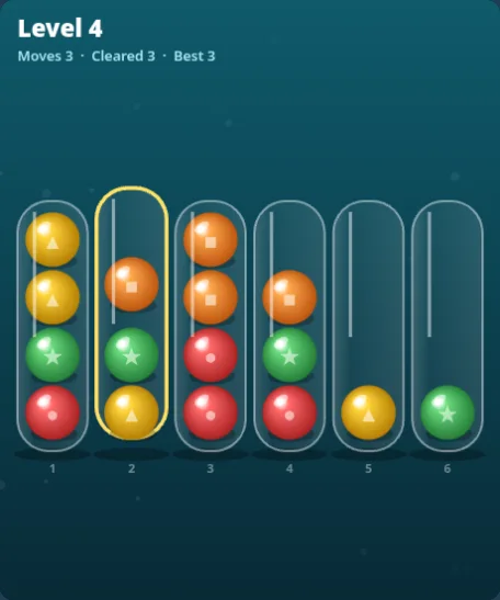 Marble Sort gameplay: a tube lifted with a selected group of marbles about to be poured