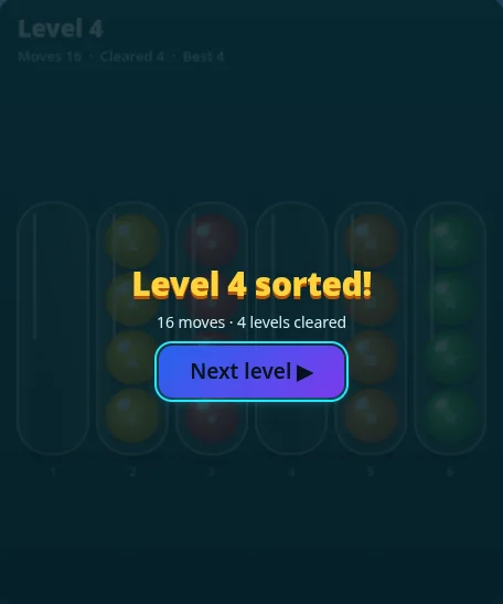 Marble Sort gameplay: the level sorted panel with a Next level button