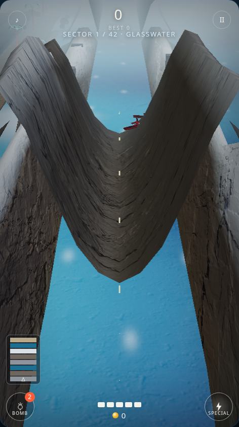 Sky Strike 3D sector one, a fighter weaving between red enemy shots over bright water