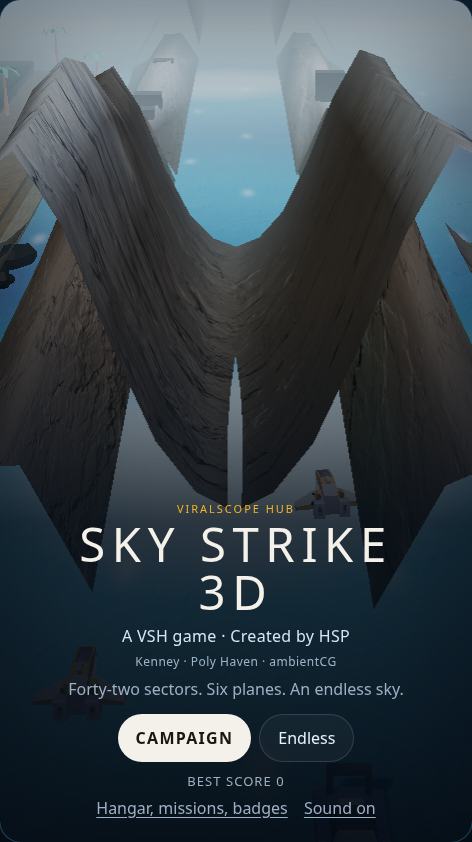 Sky Strike 3D title screen over the coast with Campaign and Endless