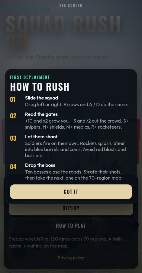 Squad Rush 3D title screen with a squad standing on a desert road