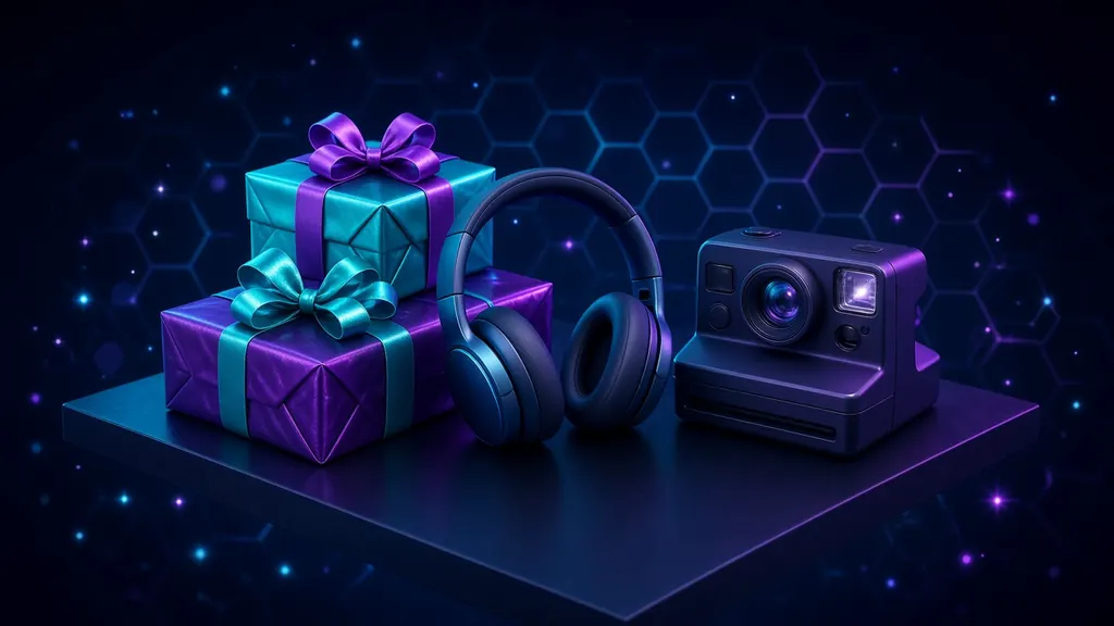 Best gifts for teens 2026 illustration: wrapped gift boxes with earbuds, instant camera and game controller