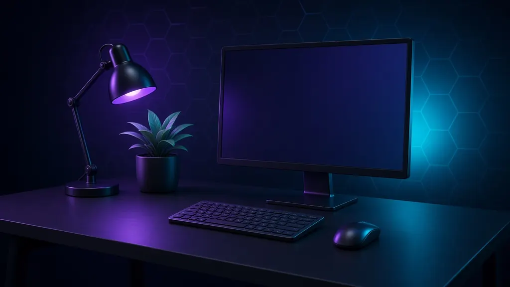 Study desk setup essentials illustration: desk lamp, monitor, notebook and organized study space